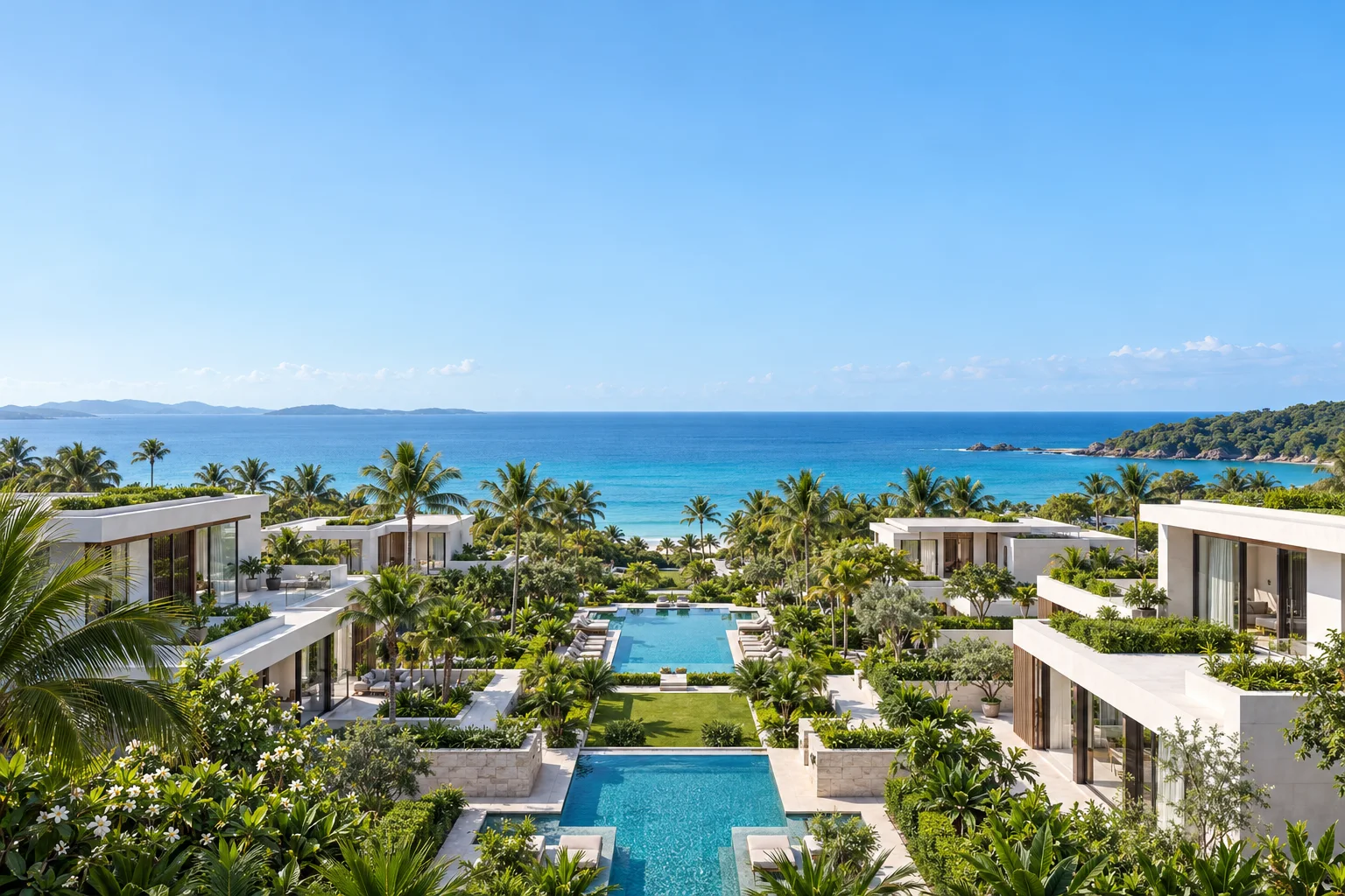 Illustrative modern villas overlooking the sea